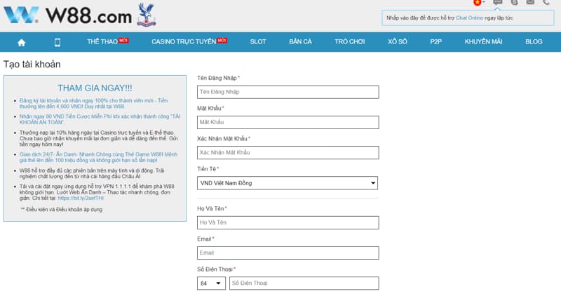 Đăng ký tài khoản W88
