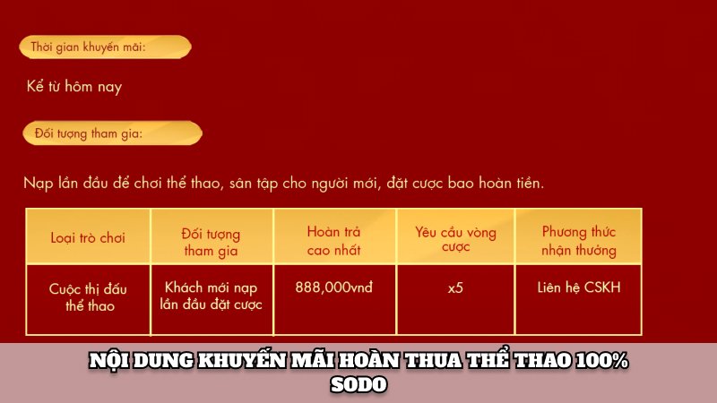 Nội dung khuyến mãi Hoàn thua Thể thao 100% Sodo